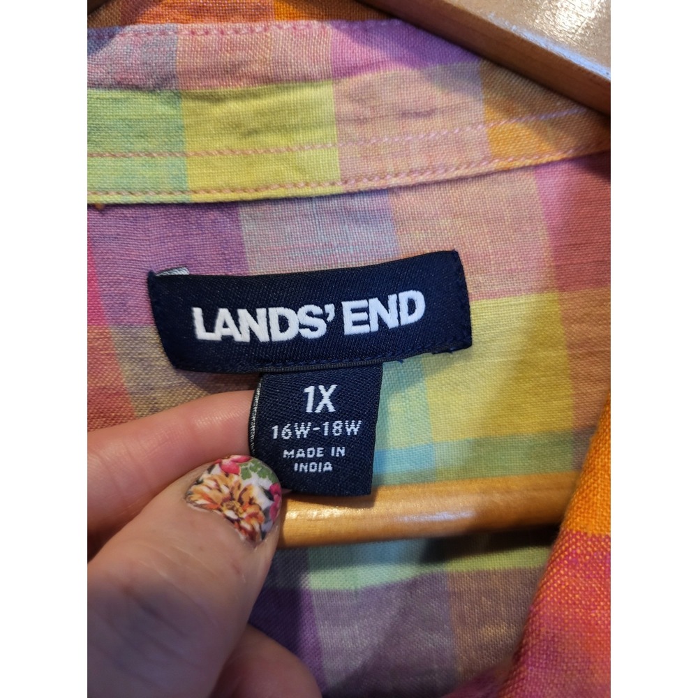Lands End Linen Colorful Pastel Long Roll Tab Sleeve Button Up Shirt Pocket 1X - Picture 6 of 8